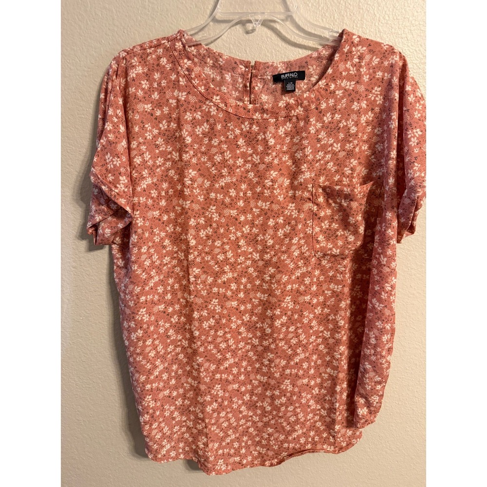 Buffalo David Bitton Women's Pink Floral Short Sleeve Pocket Top Size L